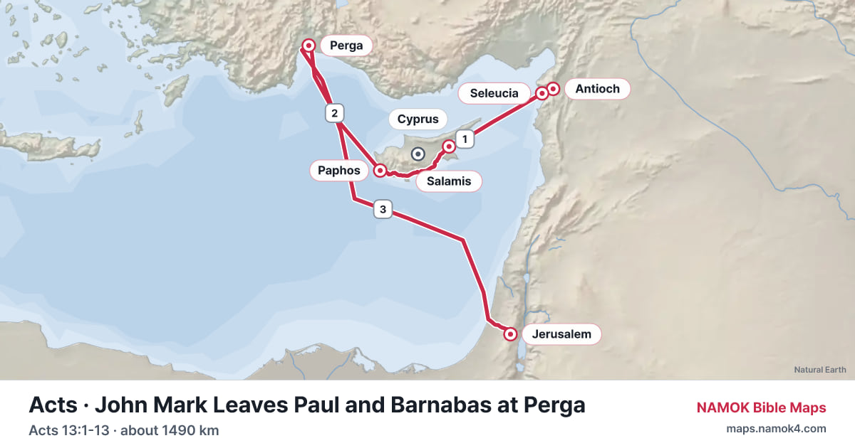 Route map of John Mark Leaves Paul and Barnabas at Perga (Acts 13:1-13): Antioch, Seleucia, Salamis, Paphos, Perga, Jerusalem and more